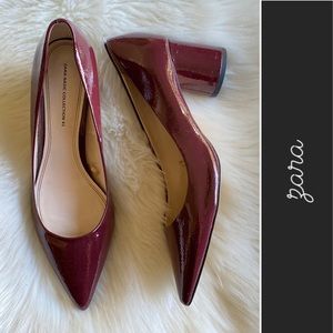 Zara Patent Leather Round Block Heels Maroon 41/11